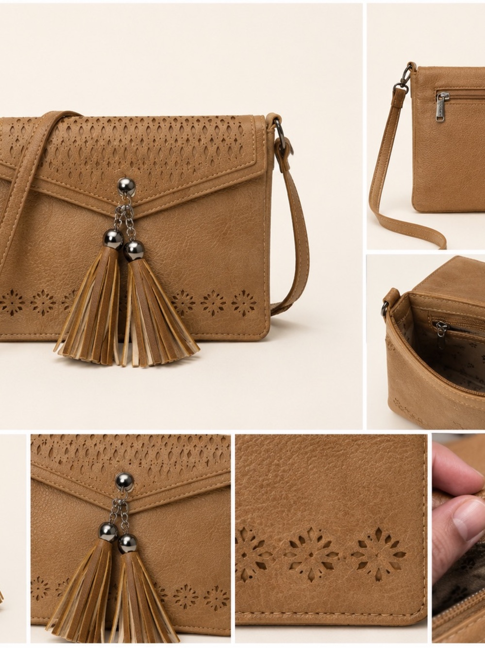 Women's Tan Tassel Laser-Cut Crossbody Bag